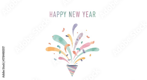 Happy new year greeting with a colorful party popper exploding confetti and streamers against a white background
