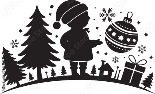 Black Christmas Icon Set, Holiday Vector Elements, Festive Silhouette Design