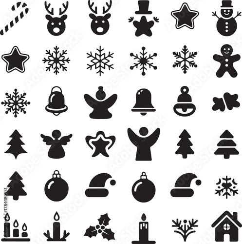 Black Christmas Icon Set, Holiday Vector Elements, Festive Silhouette Design