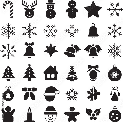 Black Christmas Icon Set, Holiday Vector Elements, Festive Silhouette Design