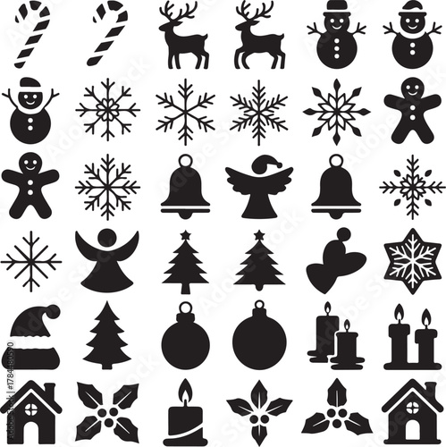 Black Christmas Icon Set, Holiday Vector Elements, Festive Silhouette Design