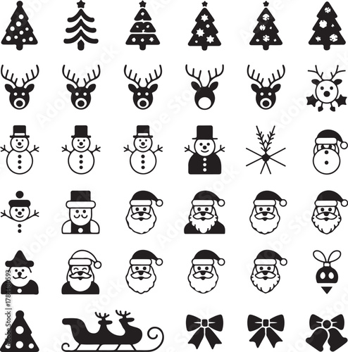 Black Christmas Icon Set, Holiday Vector Elements, Festive Silhouette Design
