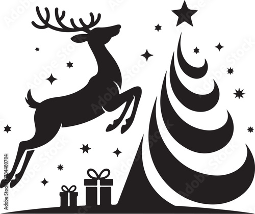 Christmas Silhouette Scene with Deer, Trees, Gifts and Ornament Holiday Design