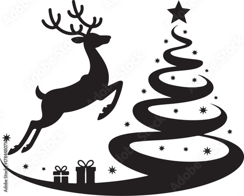 Christmas Silhouette Scene with Deer, Trees, Gifts and Ornament Holiday Design