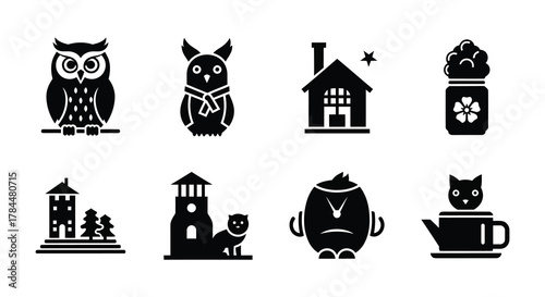 Simple black and white icons depicting owls houses and other shapes