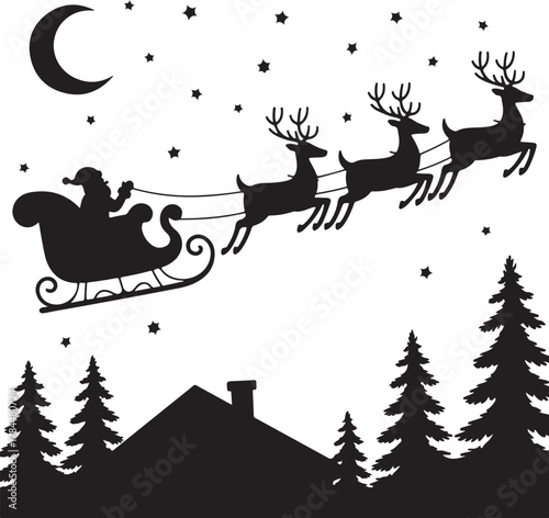 Christmas Silhouette Scene with Deer, Trees, Gifts and Ornament Holiday Design