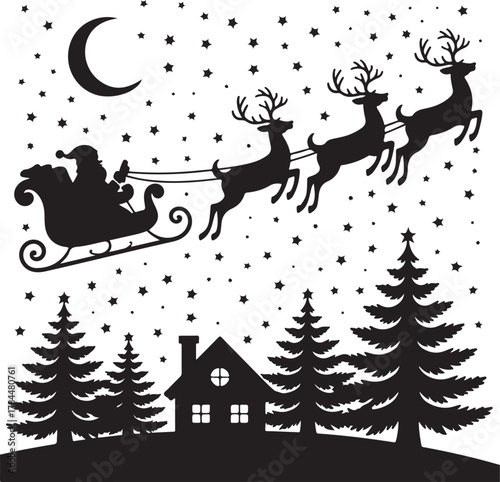 Christmas Silhouette Scene with Deer, Trees, Gifts and Ornament Holiday Design