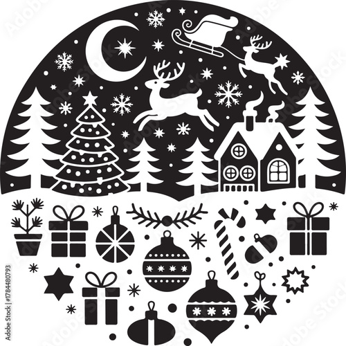 Black Christmas Icon Set, Holiday Vector Elements, Festive Silhouette Design