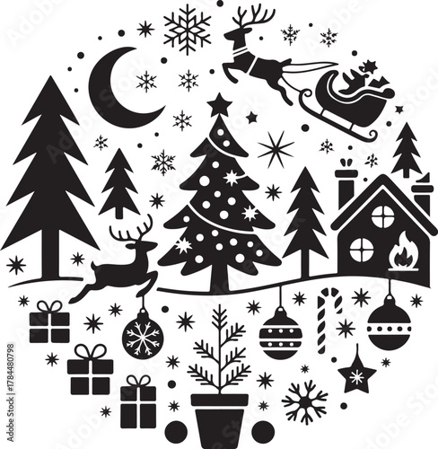 Black Christmas Icon Set, Holiday Vector Elements, Festive Silhouette Design