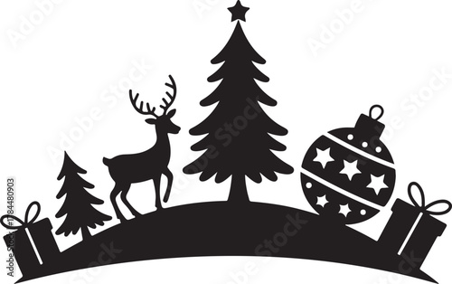 Christmas Silhouette Scene with Deer, Trees, Gifts and Ornament Holiday Design