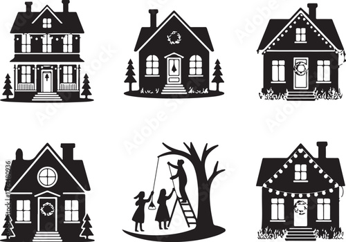 Black Christmas Icon Set, Holiday Vector Elements, Festive Silhouette Design