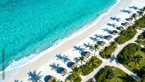 Fototapeta Naklejka Na Ścianę i Meble -  Aerial Paradise Turquoise Ocean Meets White Sand Beach and Palm Trees