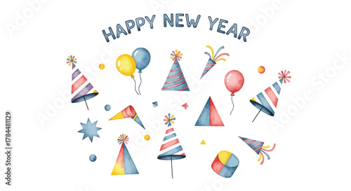 Happy new year celebration with colorful party hats balloons confetti and noisemakers on white background watercolor illustration