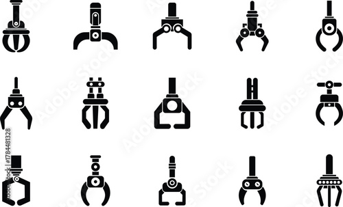 Grabber Robotic Arm Icon Set, Industrial Claw, Mechanical Hand, Automation Tool, Factory Robot, and Engineering Machine Symbol Collection and Group Vector in Black Color Flat Style