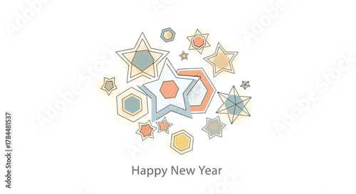 Happy new year greeting with a festive cluster of abstract stars and hexagons in pastel colors on a white background
