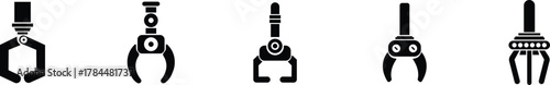 Grabber Robotic Arm Icon Set, Industrial Claw, Mechanical Hand, Automation Tool, Factory Robot, and Engineering Machine Symbol Collection and Group Vector in Black Color Flat Style