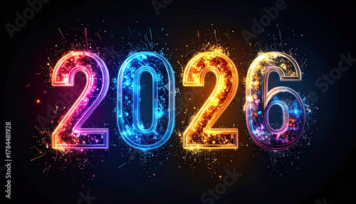 Colorful and vibrant, image features year 2026 in glowing, sparkling numbers against dark background, evoking festive and celebratory mood