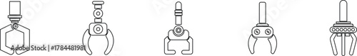 Grabber Robotic Arm Icon Set, Industrial Claw, Mechanical Hand, Automation Tool, Factory Robot, and Engineering Machine Symbol Collection and Group Vector in Black Color Line Style