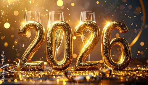 Golden 2026 numbers sparkle with festive lights and champagne glasses, creating celebratory New Year atmosphere. scene is filled with confetti and sense of joy and anticipation