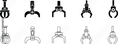 Grabber Robotic Arm Icon Set, Industrial Claw, Mechanical Hand, Automation Tool, Factory Robot, and Engineering Machine Symbol Collection and Group Vector in Black Color Flat and Line Style