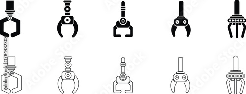 Grabber Robotic Arm Icon Set, Industrial Claw, Mechanical Hand, Automation Tool, Factory Robot, and Engineering Machine Symbol Collection and Group Vector in Black Color Flat and Line Style