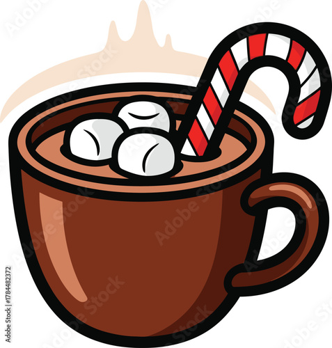 A festive cartoon illustration of a steaming mug of hot chocolate topped with marshmallows and a candy cane