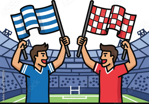Cartoon illustration of two excited friends supporting opposing teams with colorful flags in a crowded sports stadium