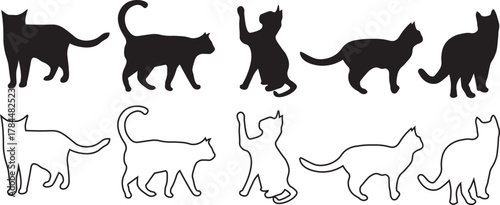 Cat Silhouettes and Outline Vector Set in Various Poses Black Kitten Icon Collection for Animal Pet Design