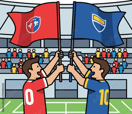 Soccer competitors from opposing teams displaying their flags in a gesture of friendly rivalry before the game starts in a full stadium