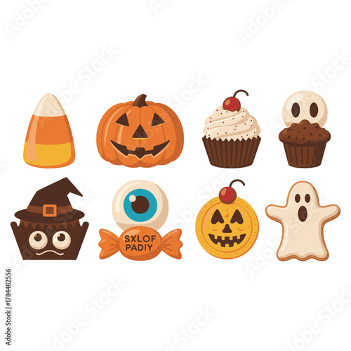 Collection of cute halloween themed food illustrations including candy corn pumpkin cupcake ghost and eyeball