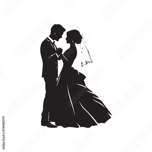 Romantic silhouette of a bride and groom embracing tenderly on their wedding day in a classic elegant pose silhouette