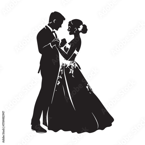 Romantic silhouette of a bride and groom embracing tenderly on their wedding day in a classic elegant pose silhouette