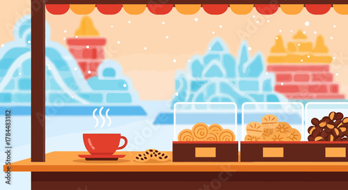 A charming flat design illustration of a street vendor selling warming hot drinks and snacks amidst the snowy backdrop of the Harbin Ice and Snow Festival.