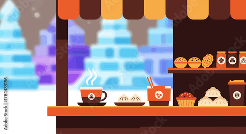 A charming flat design illustration of a street vendor selling warming hot drinks and snacks amidst the snowy backdrop of the Harbin Ice and Snow Festival.