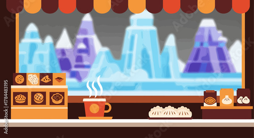 A charming flat design illustration of a street vendor selling warming hot drinks and snacks amidst the snowy backdrop of the Harbin Ice and Snow Festival.