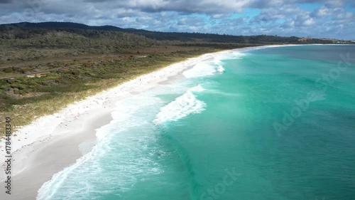 Beautiful snow-white beach and turquoise sea in Tasmania view from above