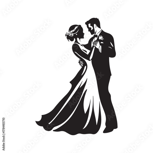 Romantic silhouette of a bride and groom embracing tenderly on their wedding day in a classic elegant pose silhouette