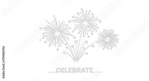 Minimalist line art illustration of celebratory fireworks exploding in the night sky with the word celebrate below