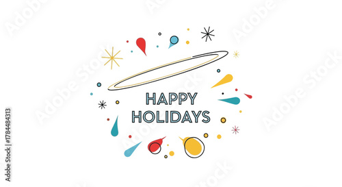 Retro mid century modern happy holidays greeting card with starbursts and droplet shapes