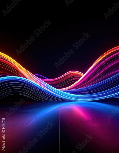Abstract waves of neon light reflected on a glossy surface