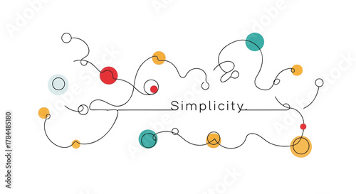 Abstract minimalist illustration with the word simplicity written in the center surrounded by colorful dots and flowing black lines