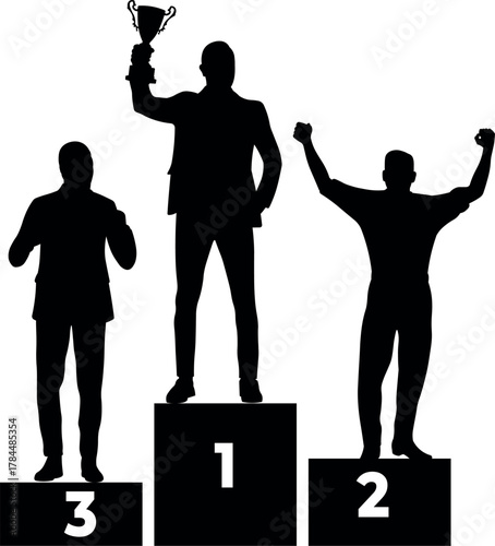 Silhouette of Winners on Podium Holding Trophy - Champion Victory Concept