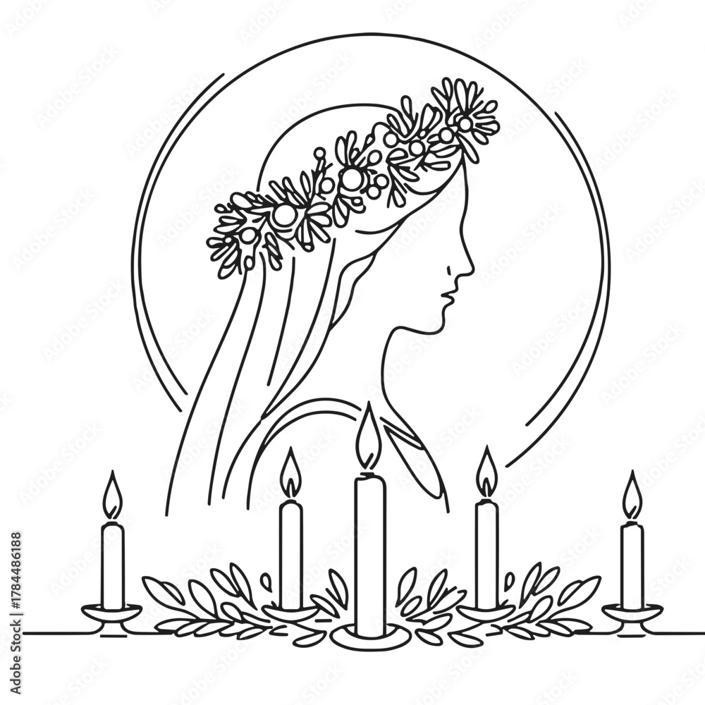 Naklejka premium Santa Lucia – Швеция – Outline Minimal Vector, Candle Wreath Crown