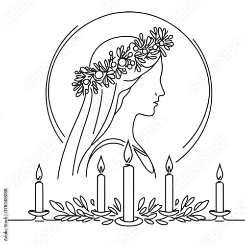 Santa Lucia – Швеция – Outline Minimal Vector, Candle Wreath Crown
