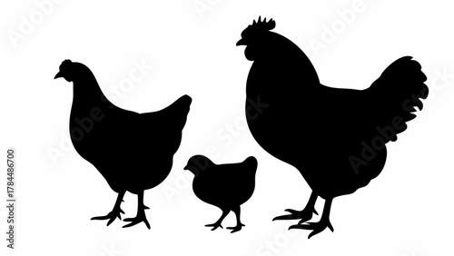Silhouette depiction of a hen a rooster and a chick standing together in a farmyard scene in black and white