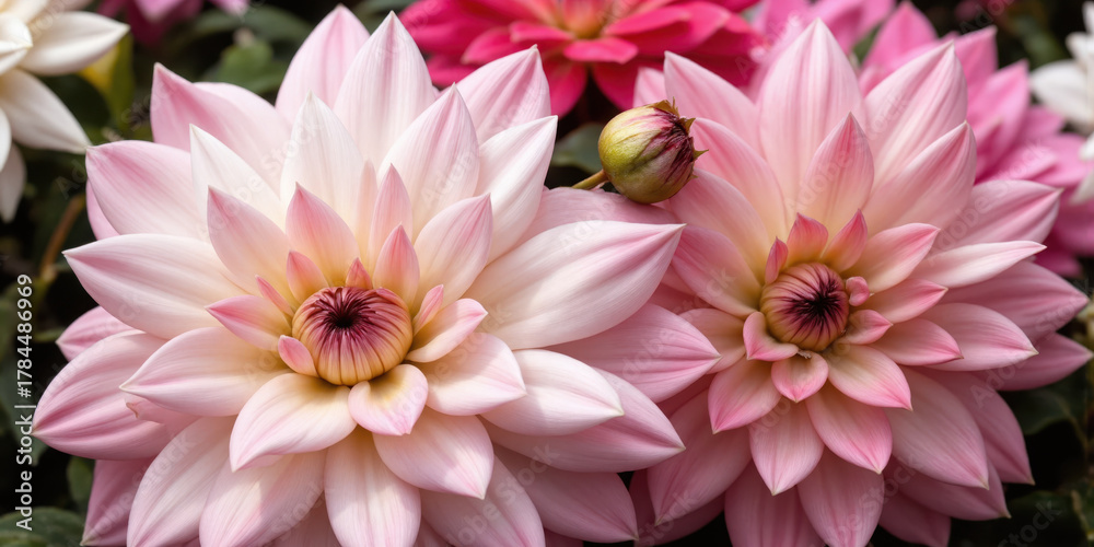 Obraz premium Dahlia Flowers Close Up Bouquet Pink White Burgundy Petals Texture Bloom Floral Background Garden Summer Autumn Bloom Romantic Beautiful Bunch