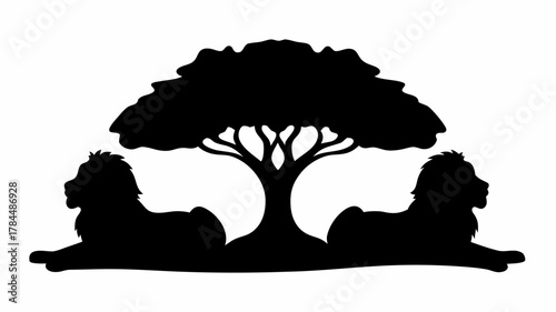 Silhouette of two lions lying under a tree with a large canopy in a monochrome black and white scene