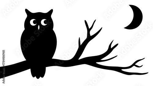 Silhouette of an owl perched on a branch under a crescent moon in a night time scene illustration