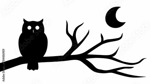 Silhouette of an owl perched on a branch under a crescent moon in a black and white illustration