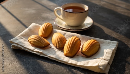 Classic French Madeleine Cookies Golden Shell Shaped Cakes Served on a Linen Napkin with Hot Tea